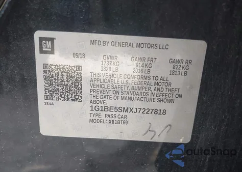 2018 Chevrolet Cruze Lt Auto z USA, uszkodzony, nr VIN 1G1BE5SMXJ7227818